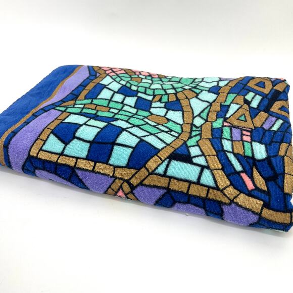 Vintage Franco Brazil Mosaic Stained Glass Print Cotton Beach Towel Peacock - Picture 5 of 6